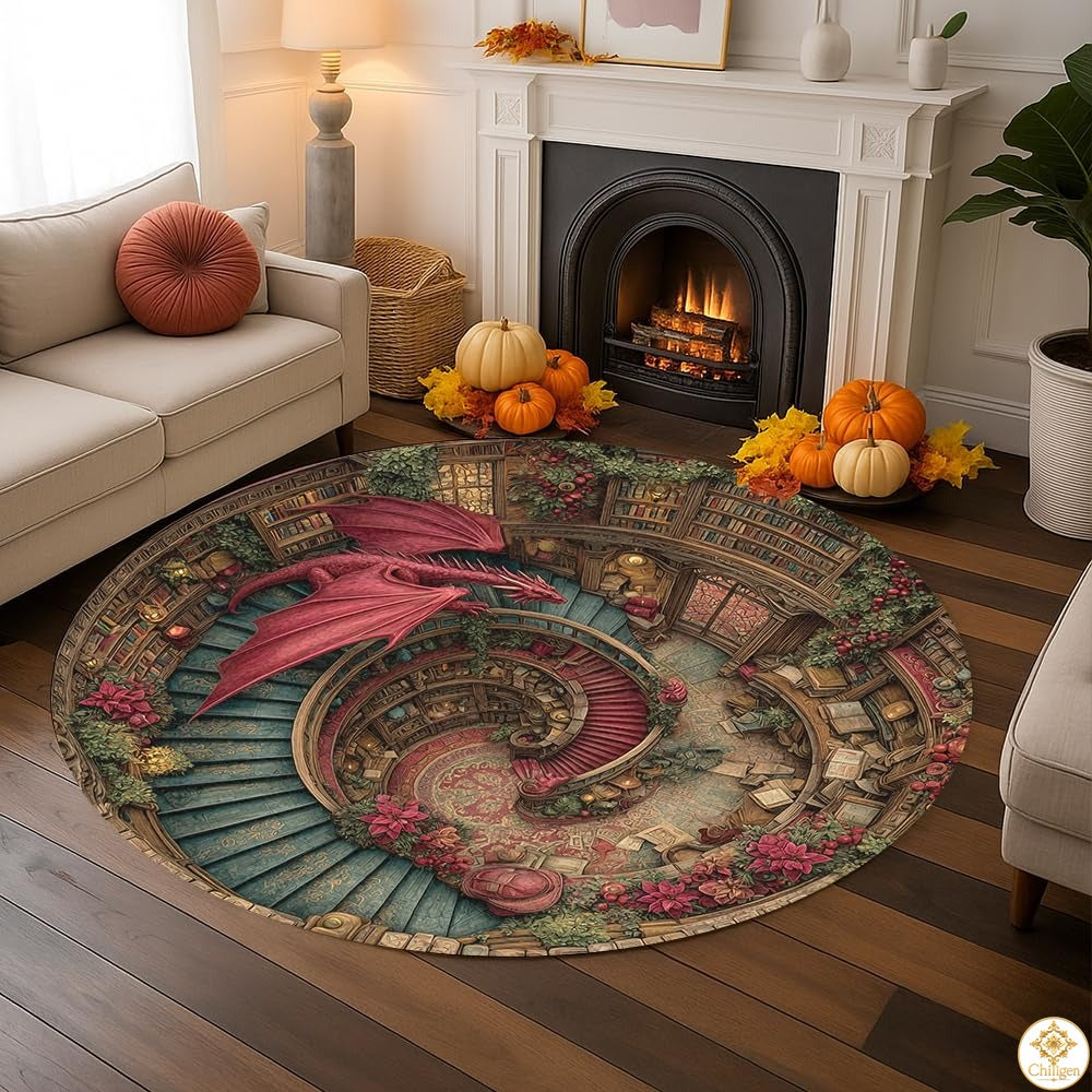 Personalized Dragon Round Rug with 3D Illusion and Low Pile