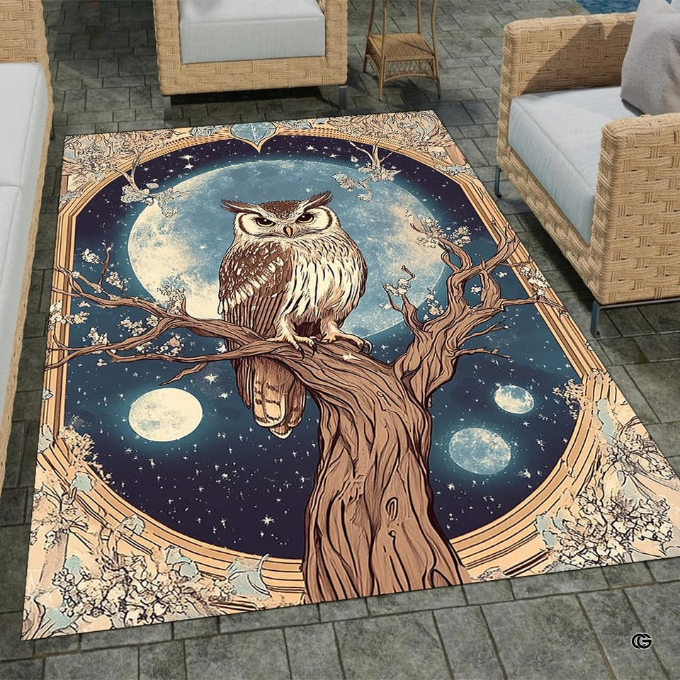 Art Nouveau celestial owl on tree branch living room area rug with moonlit sky