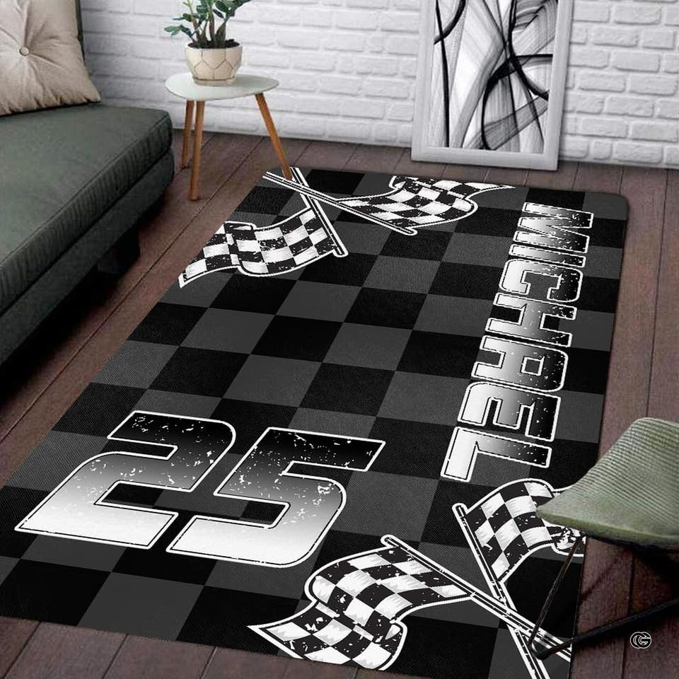 Personalized Racing Checkered Flag Area Rug, Non-Slip - Design 06
