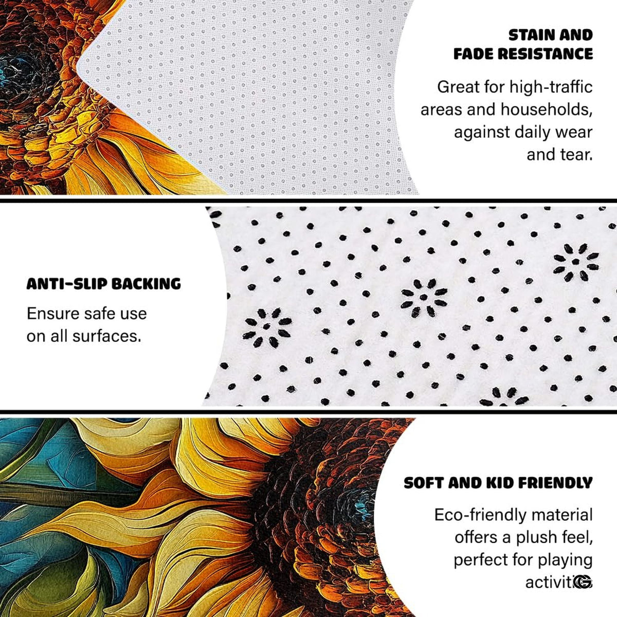 Non-skid dotted backing and resilient pile construction of the swirling sunflower area rug. - image 6 of 7