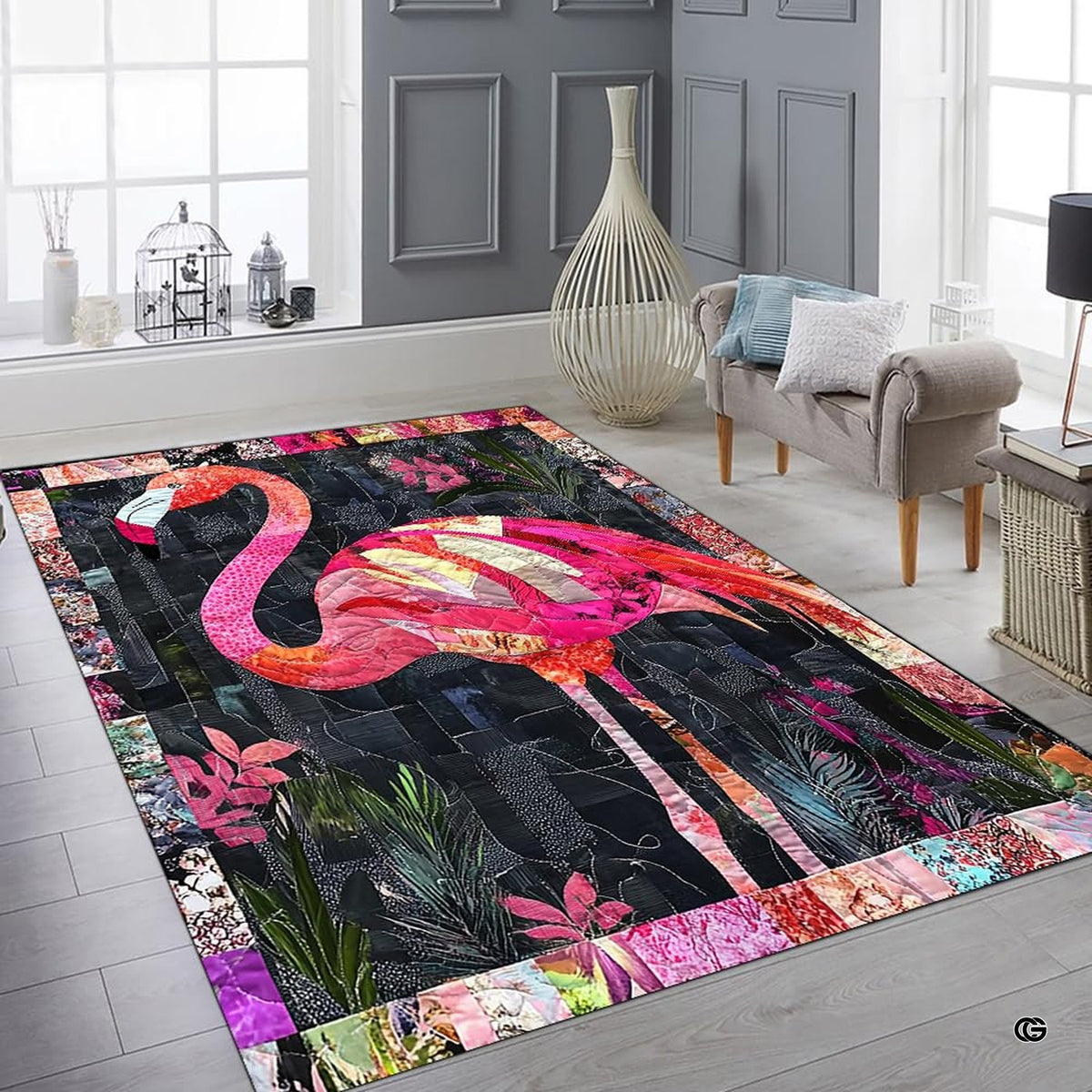 Bright modern sitting room featuring the vibrant flamingo quilt art rug and decorative vases