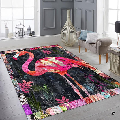 Bright modern sitting room featuring the vibrant flamingo quilt art rug and decorative vases - thumbnail image 6 of 8