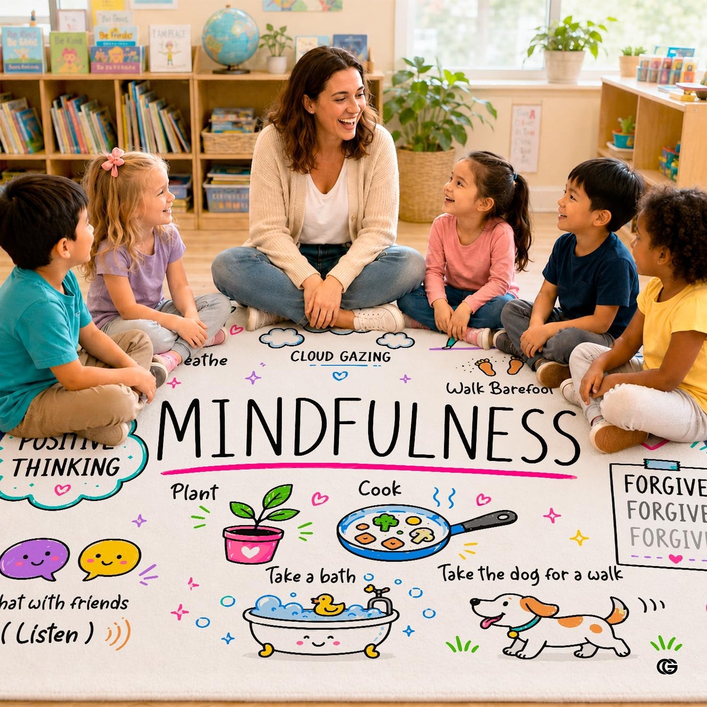 Personalized Calming Corner Rug for Classroom, Custom Teacher Name Reading Corner Rug, Emotions Feelings Carpet, Soft Fluffy Calm Corner Decor for School Reading Nook (Mindfulness Educational Science)