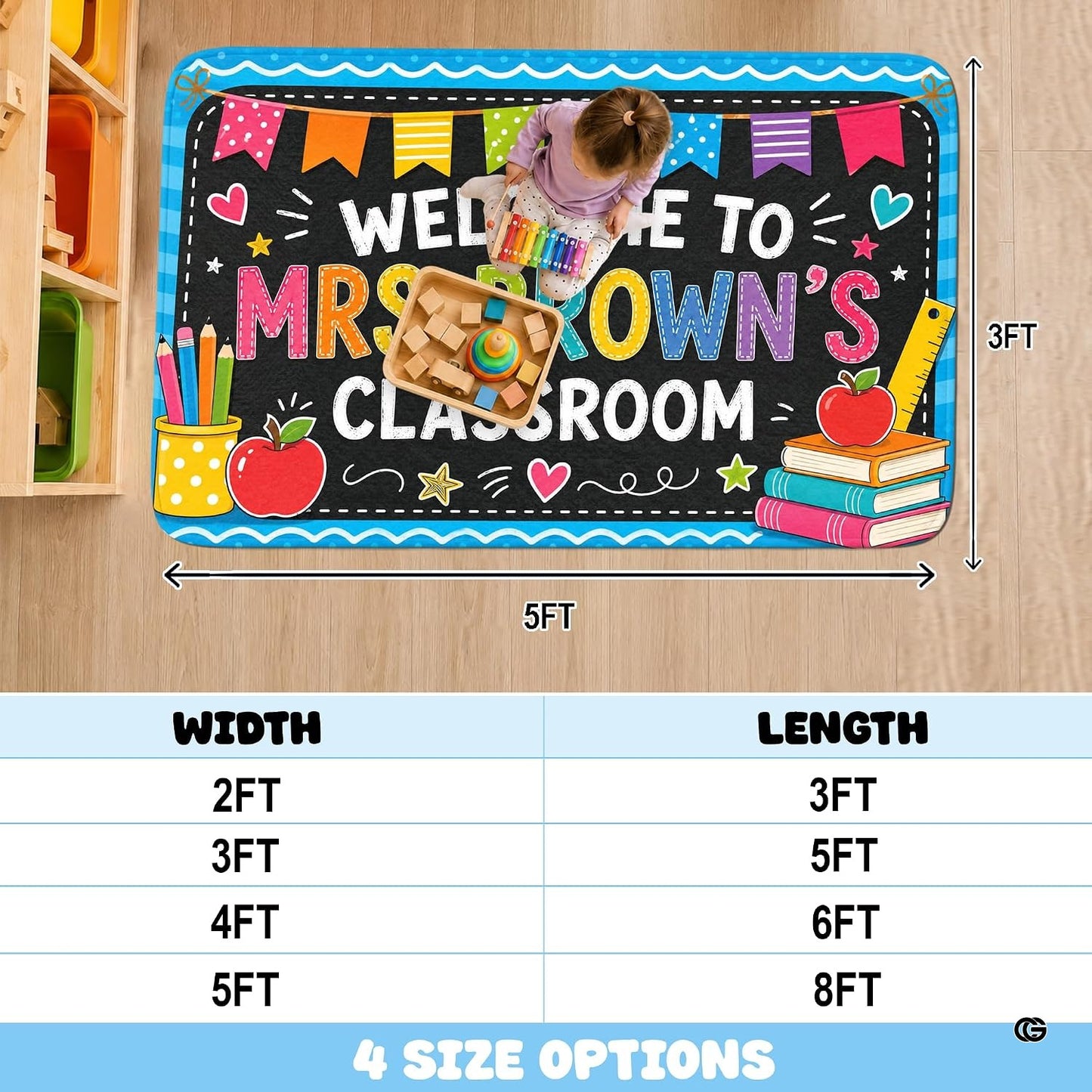 Personalized Teacher Classroom Rug, Custom Back to School Welcome Mat with Name, Kindergarten Preschool Elementary Decor, Composition Notebook Carpet (A12)