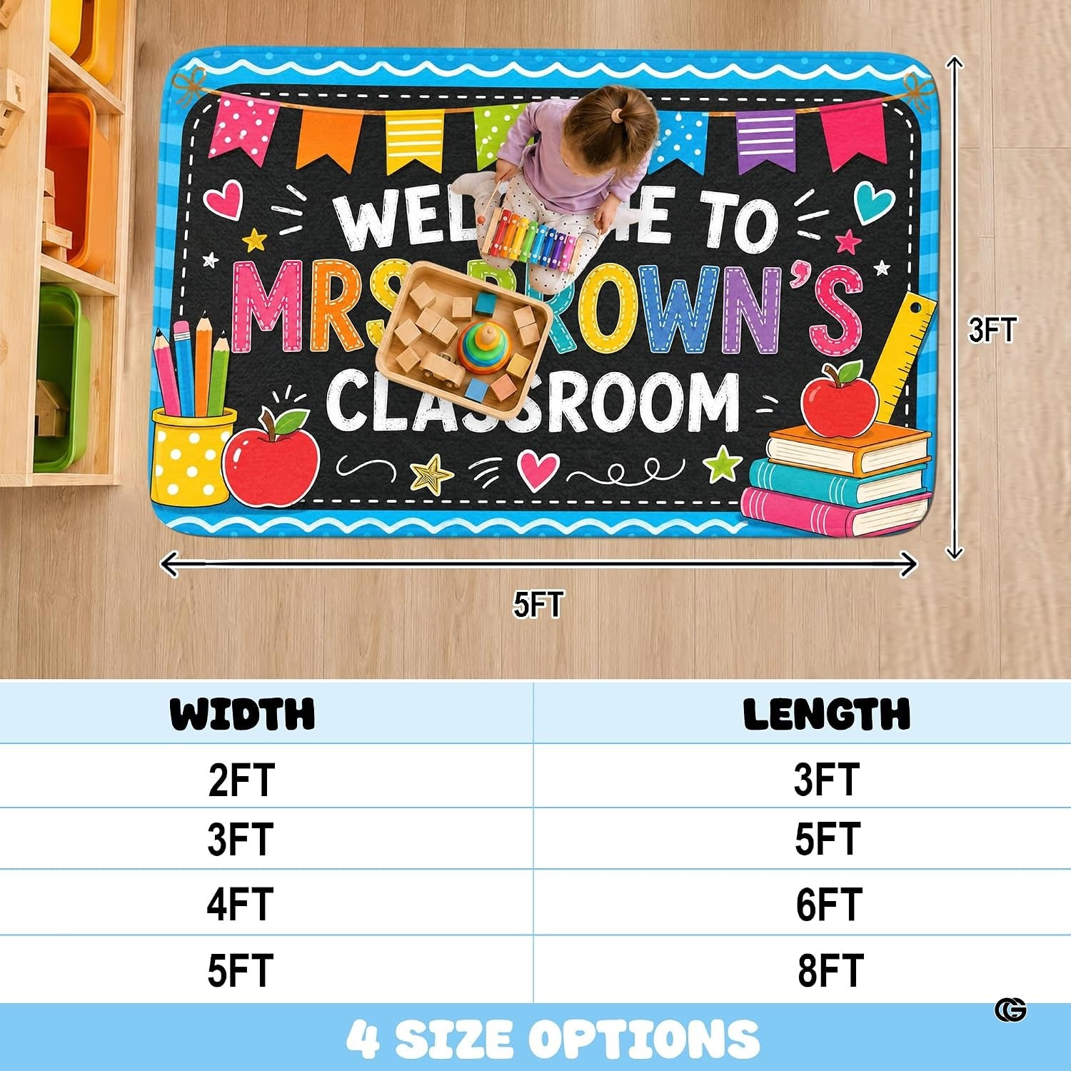 Personalized Teacher Classroom Rug, Custom Back to School Welcome Mat with Name, Kindergarten Preschool Elementary Decor, Composition Notebook Carpet (A12)