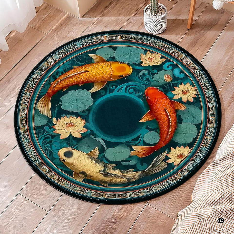 Top view of Japanese round koi rug displaying swimming orange fish and lotus blossoms.