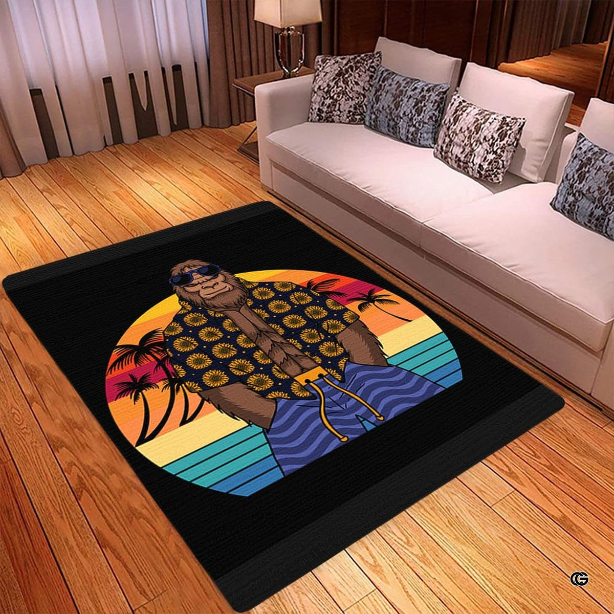 Close-up detail of cartoon Sasquatch wearing dark floral shirt and board shorts on a black graphic floor rug.