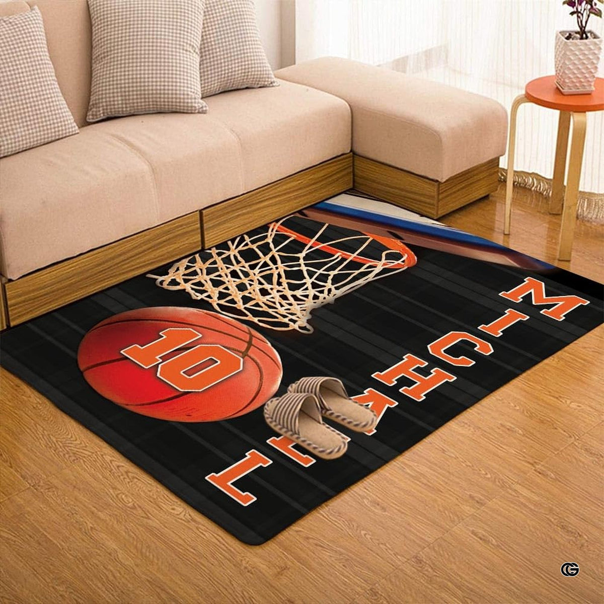 Top-down overhead view of rectangular basketball hoop net living room area rug