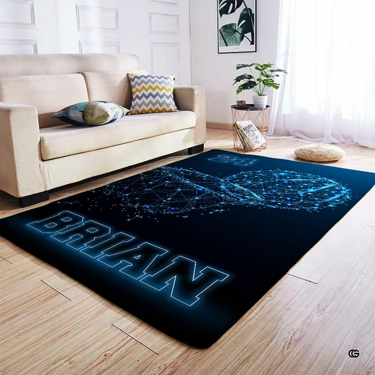 Neon blue basketball area rug styled on hardwood floor in modern living room setting. - image 4 of 7