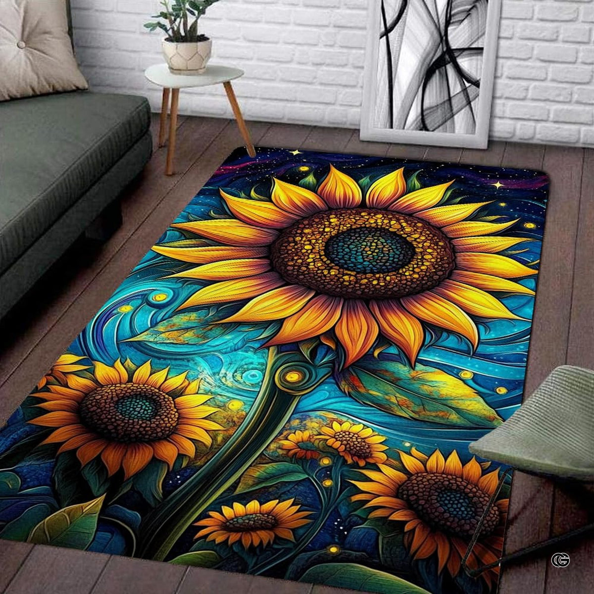 Overhead layout view of the rectangular starry night sunflower botanical floral area rug