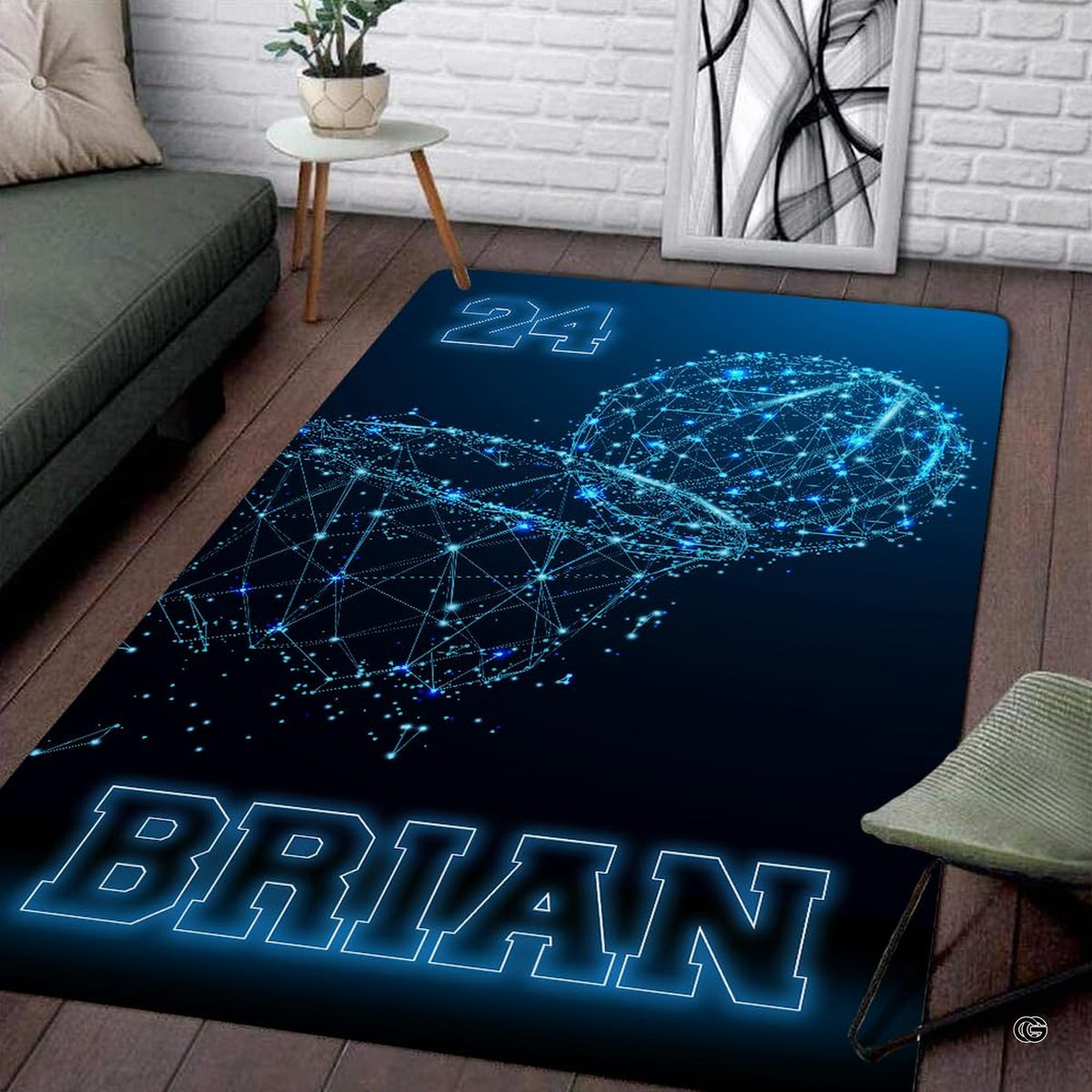 Neon blue wireframe basketball sinking into digital hoop and net rectangular area rug. - image 1 of 7