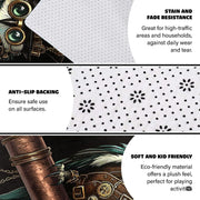 Overhead look at clockwork owl graphic rug styled beside antique wooden furniture. - thumbnail image 6 of 8