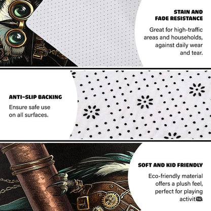 Overhead look at clockwork owl graphic rug styled beside antique wooden furniture. - thumbnail image 6 of 8