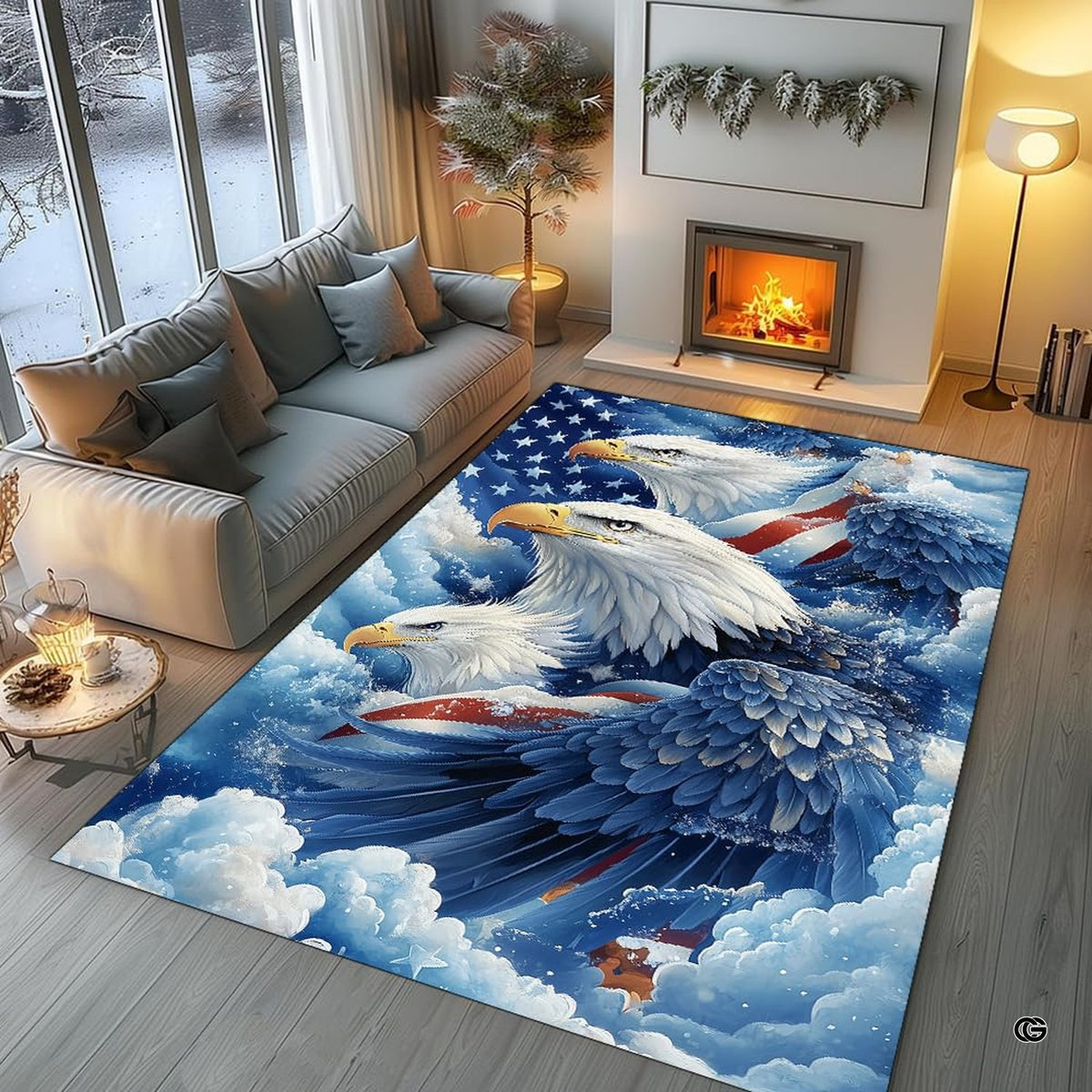 Patriotic bald eagle trio area rug styled in modern patio seating setup - image 5 of 7