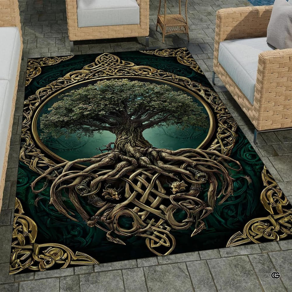 Celtic Tree of Life emerald gold knotwork area rug in patio outdoor seating arrangement