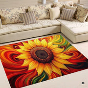 Yellow flower area rug showcasing a radiant sunflower with swirling red, orange, and green waves. - thumbnail image 1 of 7