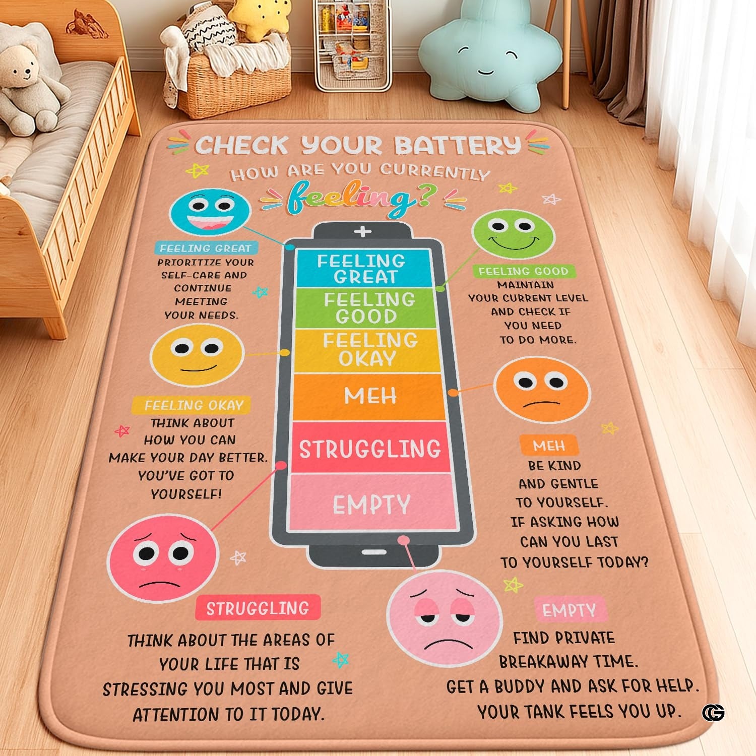 Personalized Calming Corner Rug for Classroom, Custom Teacher Name Reading Corner Rug, Emotions Feelings Carpet, Soft Fluffy Calm Corner Decor for School Reading Nook (Battery Theme)
