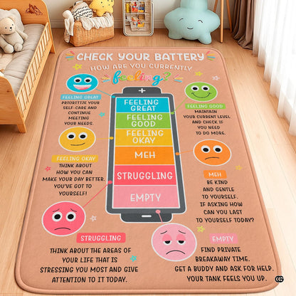 Personalized Calming Corner Rug for Classroom, Custom Teacher Name Reading Corner Rug, Emotions Feelings Carpet, Soft Fluffy Calm Corner Decor for School Reading Nook (Battery Theme)