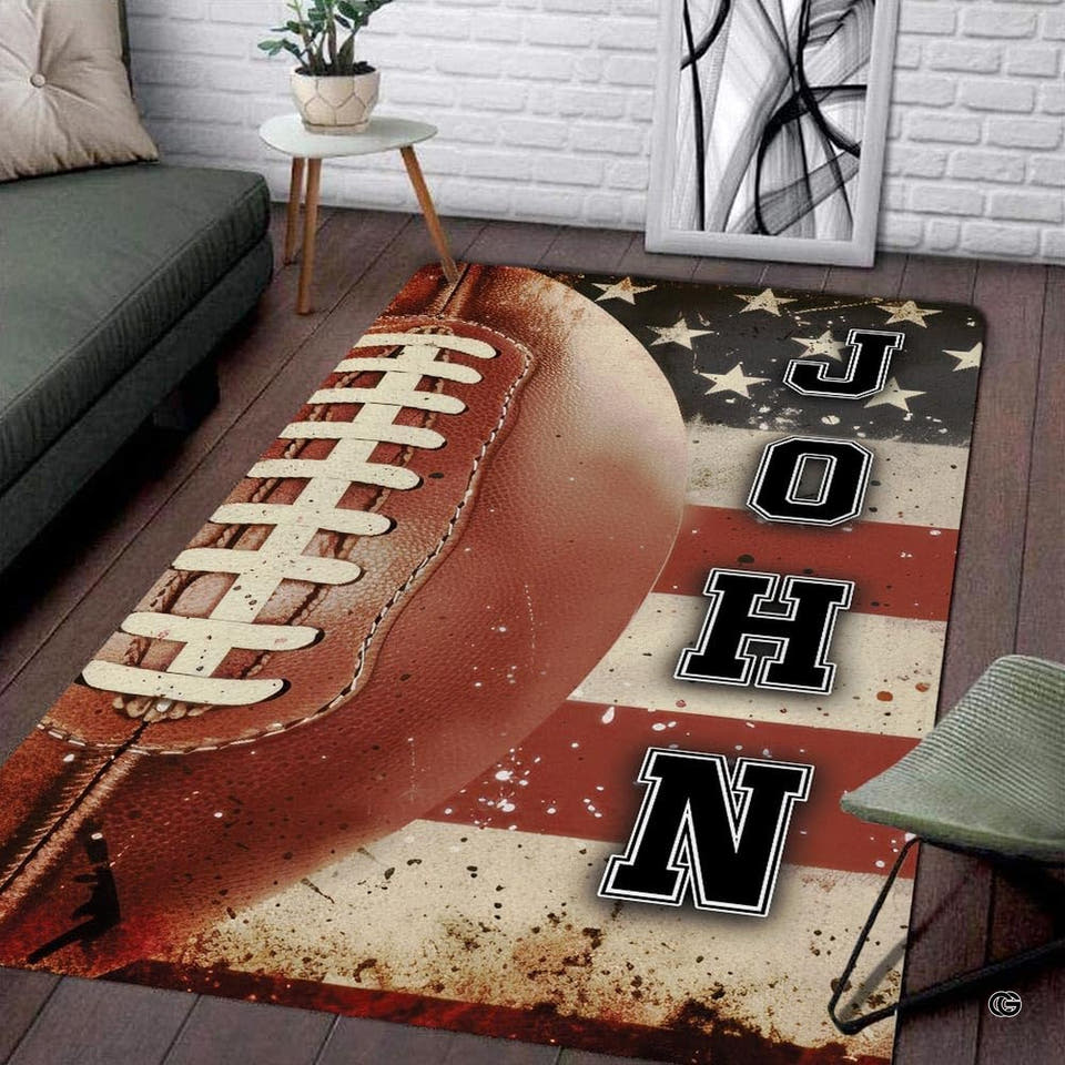 Patriots football rug displaying a distressed rustic flag and gridiron motif in a modern living room