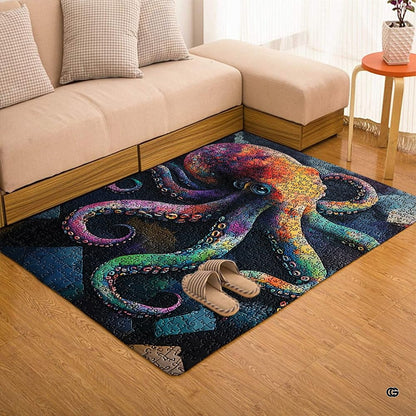 Rainbow puzzle octopus ocean floor rug placed in seaside bedroom setting - thumbnail image 7 of 7