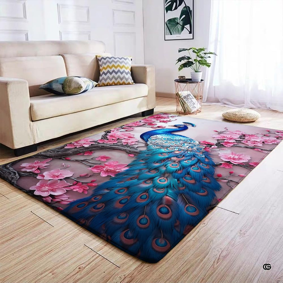 Artistic peacock teal area rug styled in a modern living space with neutral contemporary furnishings. - image 4 of 7