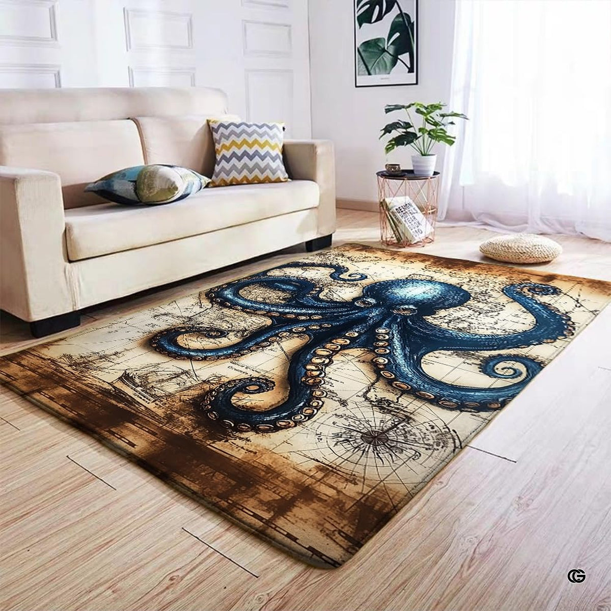 Dimension chart displaying size options for vintage octopus nautical area rug.