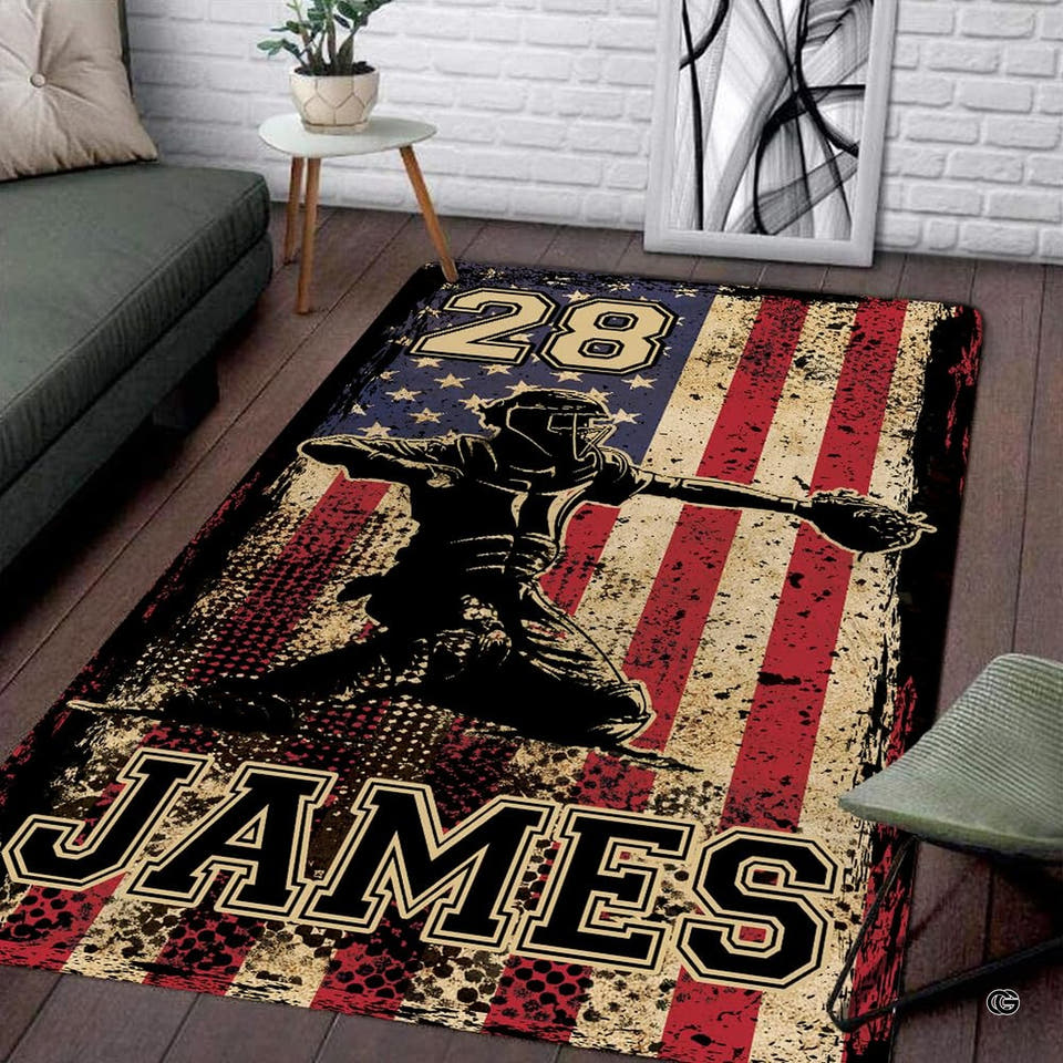 Living room floor setting featuring a patriotic baseball catcher American flag athletic area rug
