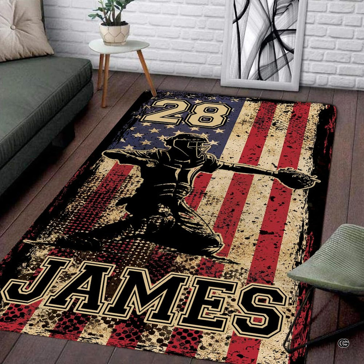 Living room floor setting featuring a patriotic baseball catcher American flag athletic area rug