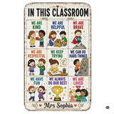 In this classroom rules motivational kids rectangular area rug on cream background.