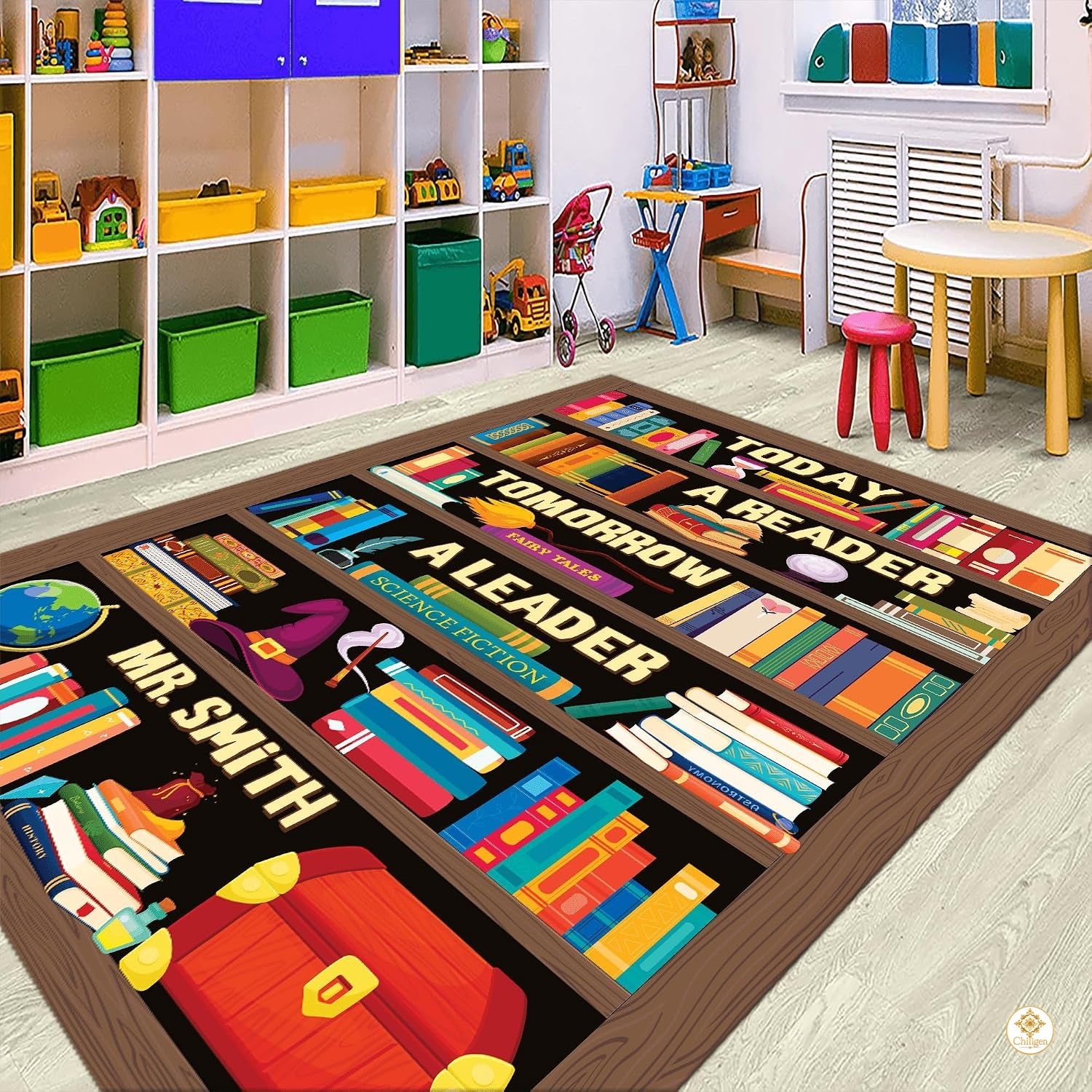 Custom Classroom Welcome Mat with Library and Bookshelf Detail