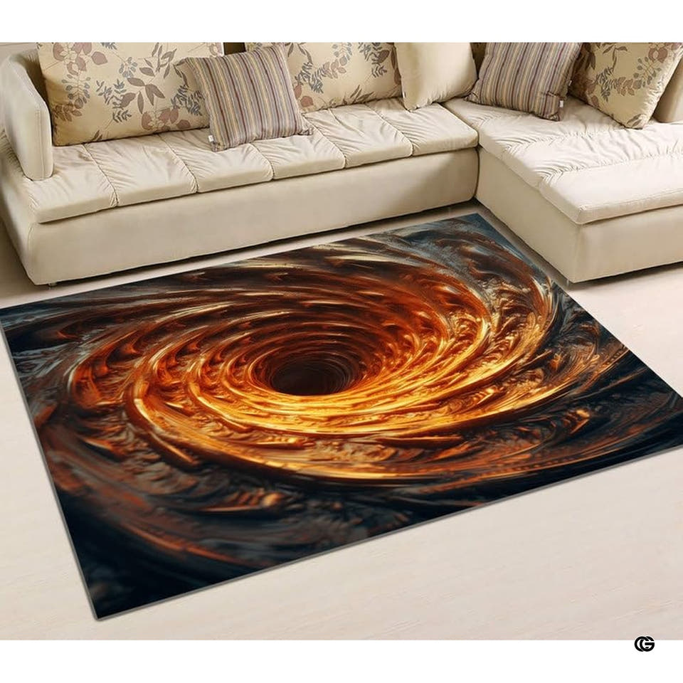 Living room view showing the rectangular 3D molten gold vortex optical illusion rug beside a couch.