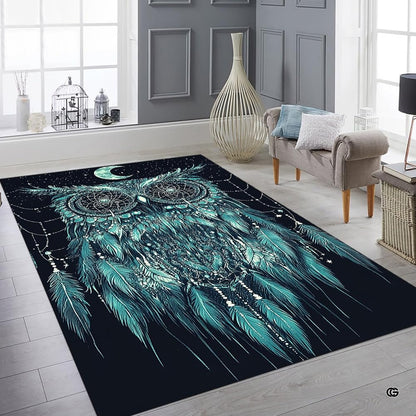 Celestial owl illustration displayed on decorative mystic collection area rug in bedroom space. - thumbnail image 8 of 8