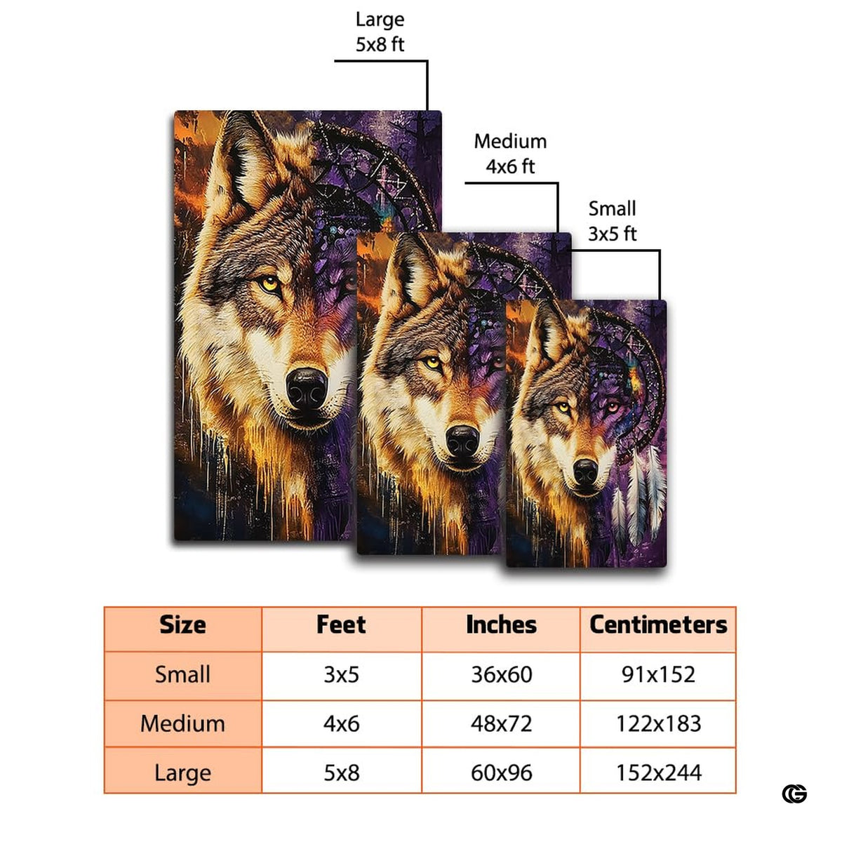 Overhead layout view of wolf dreamcatcher floor rug with sacred feather accents beside dark wooden tables.
