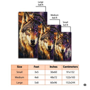 Overhead layout view of wolf dreamcatcher floor rug with sacred feather accents beside dark wooden tables. - thumbnail image 2 of 7
