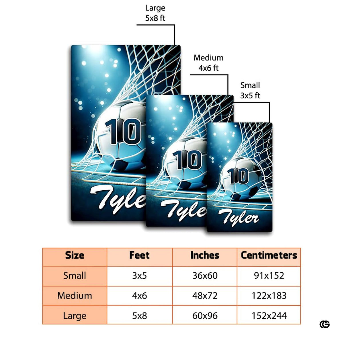 Dimensions and sizing options chart for soccer goal net living room area rug