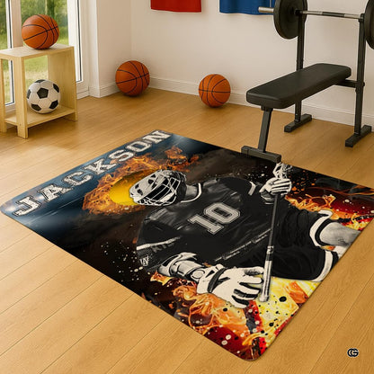Sunlit living room fireplace setting displaying the lacrosse player rug - thumbnail image 6 of 9