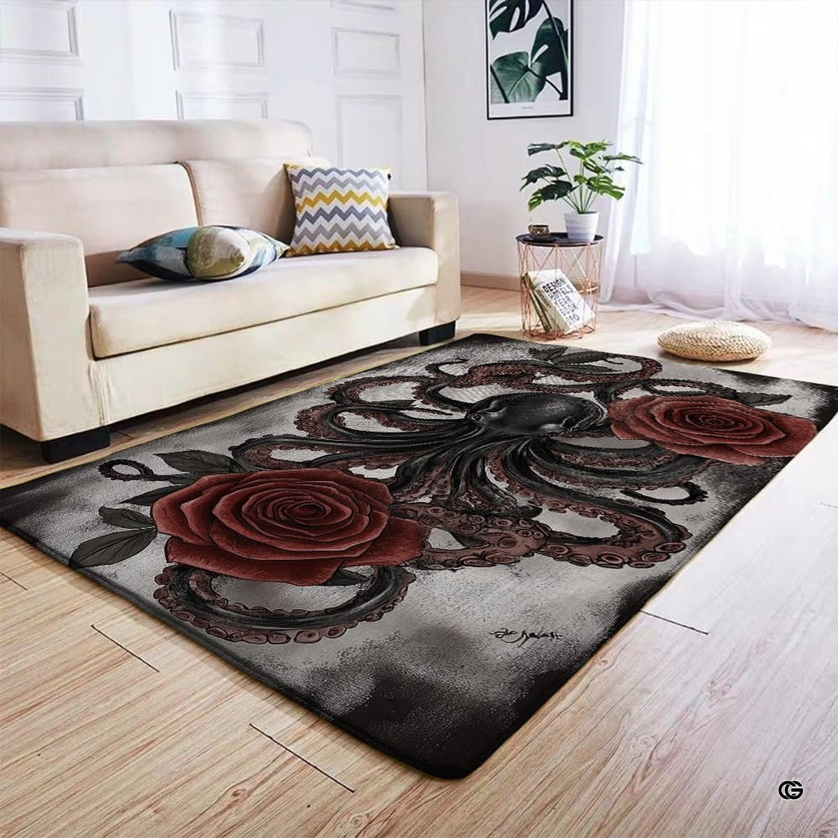 Mystical kraken and botanical motif rug grounding an eclectic gothic room decor. - image 7 of 7