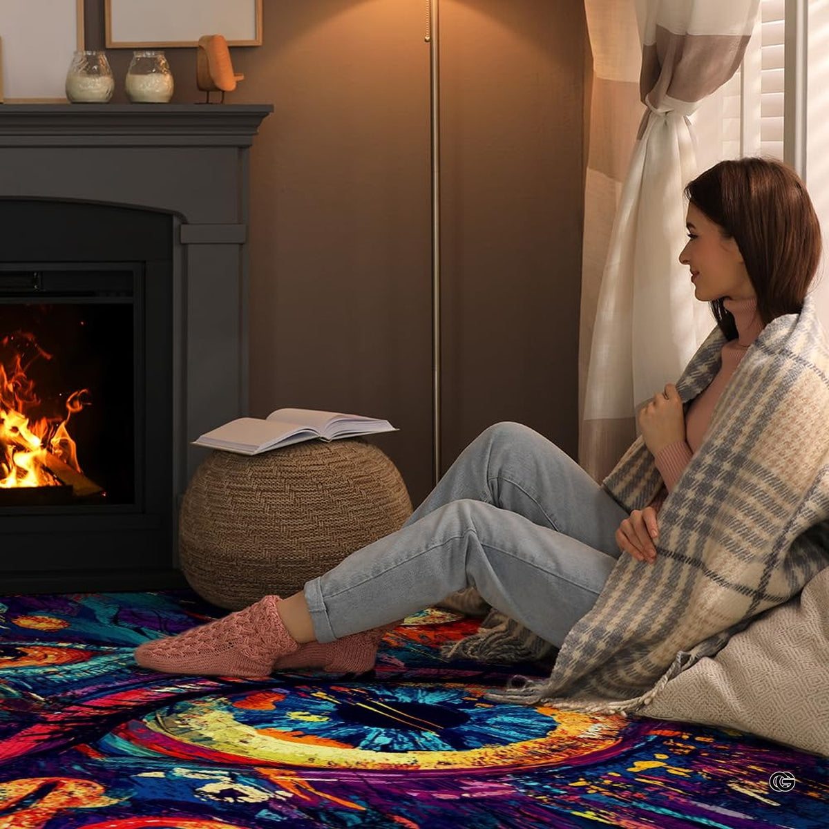 Vibrant artistic area rug featuring saturated indigo, purple, and crimson surreal eye graphics. - image 8 of 8
