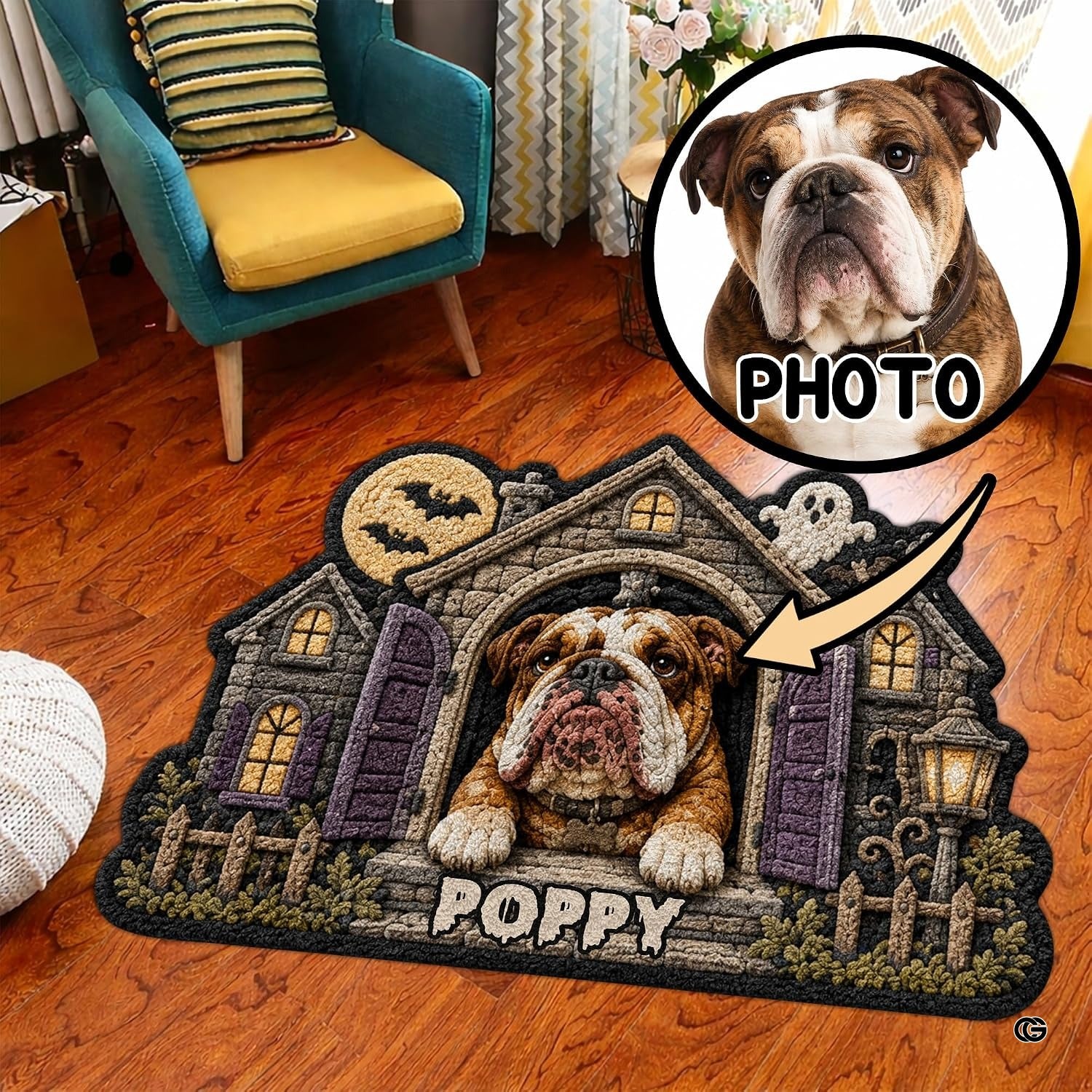 Custom Dog Photo Rug, Personalized Pet Portrait Area Mat Non Slip Indoor Door Rug for Dog Lovers, Welcome Home Decor Halloween (Haunted House)