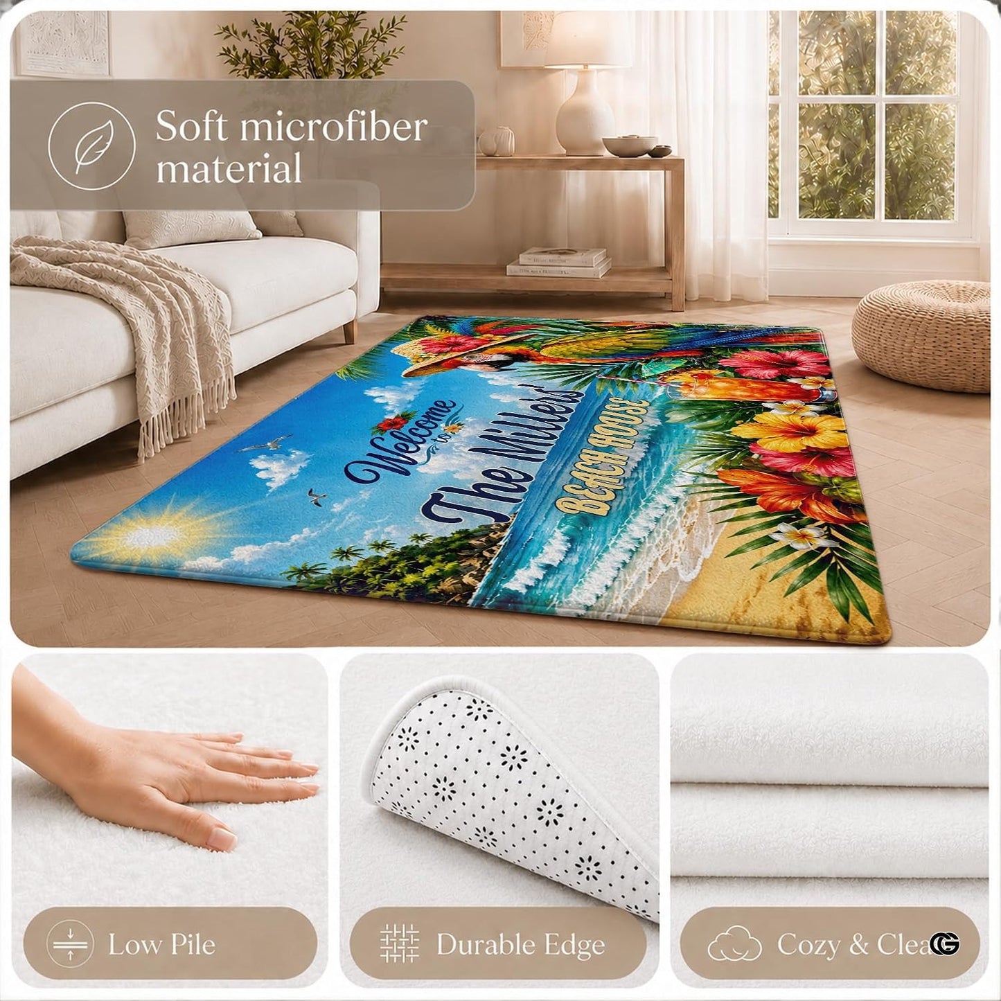 Personalized Tropical Beach Rug, Custom Family Name Tropical Outdoor Rug, Flamingo Surfboard Ocean Area Rug for Living Room, Patio, Beach House Decor, Design 04