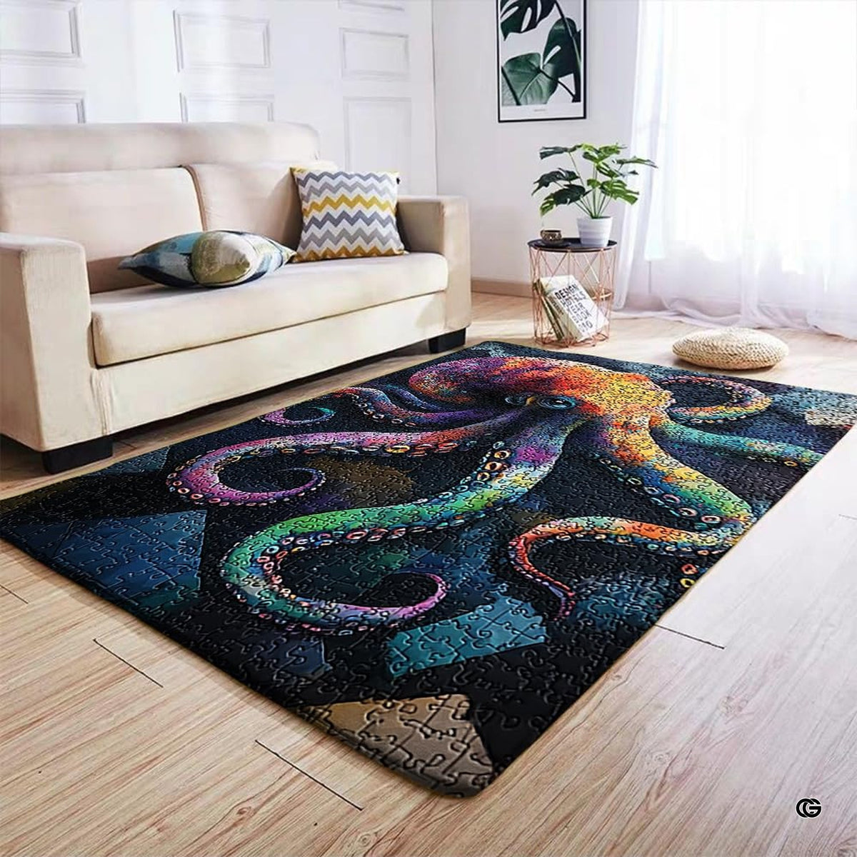 Anti-slip dot backing and hemmed edge stitching on colorful octopus area rug