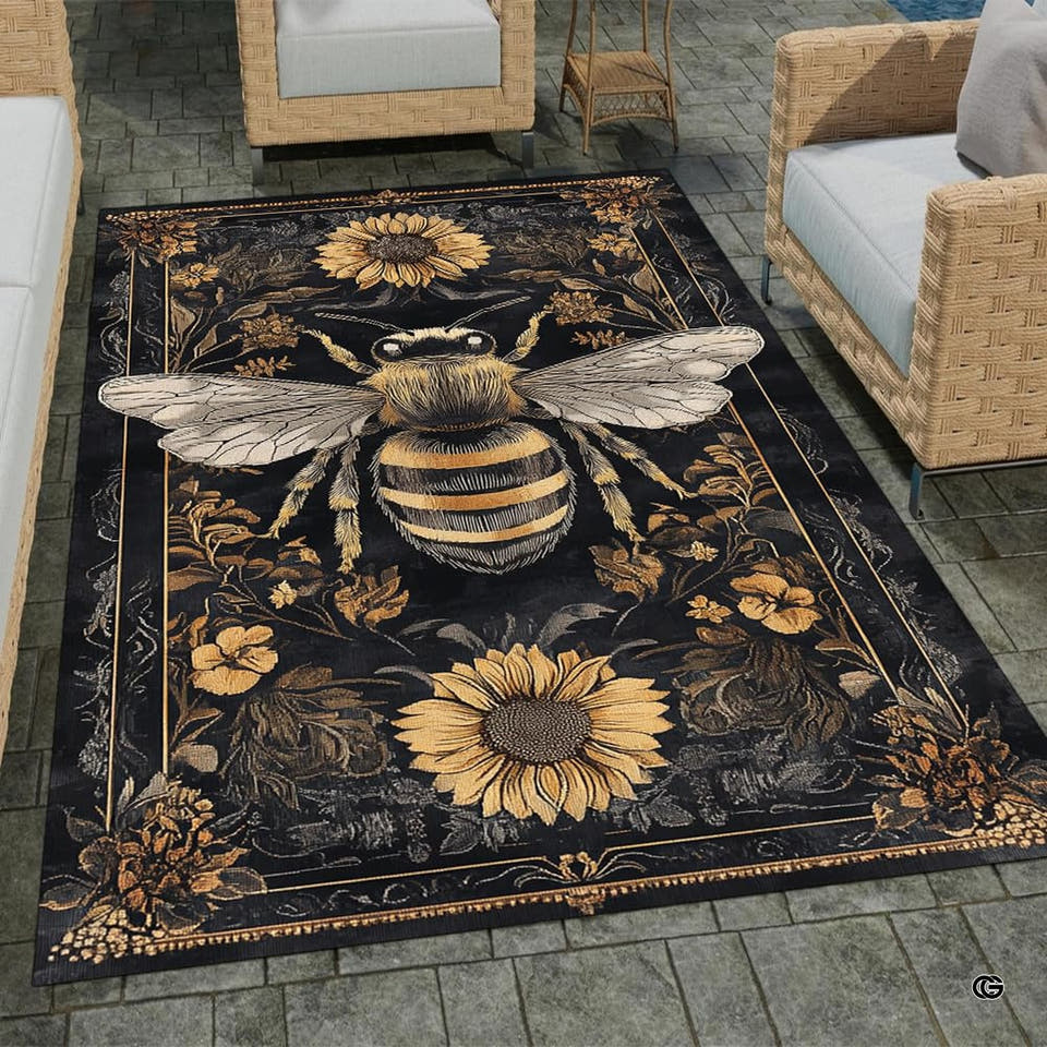 Stone patio setting featuring a vintage honeybee sunflower botanical tapestry area rug
