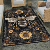 Stone patio setting featuring a vintage honeybee sunflower botanical tapestry area rug