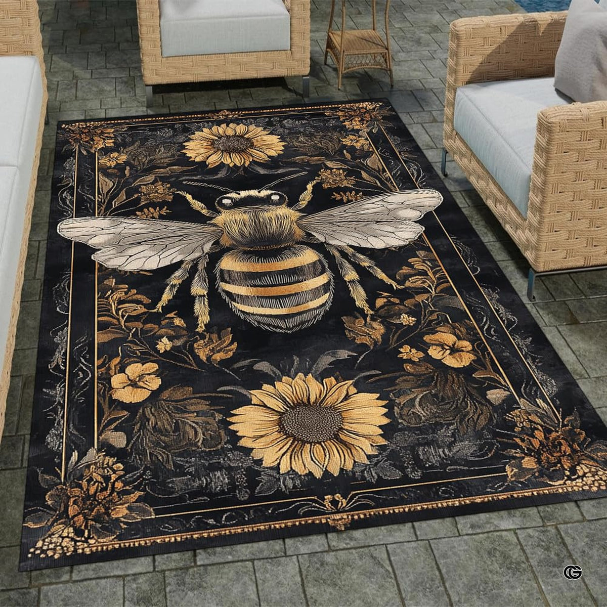 Stone patio setting featuring a vintage honeybee sunflower botanical tapestry area rug - image 1 of 8