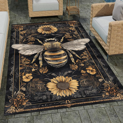 Stone patio setting featuring a vintage honeybee sunflower botanical tapestry area rug - thumbnail image 1 of 8