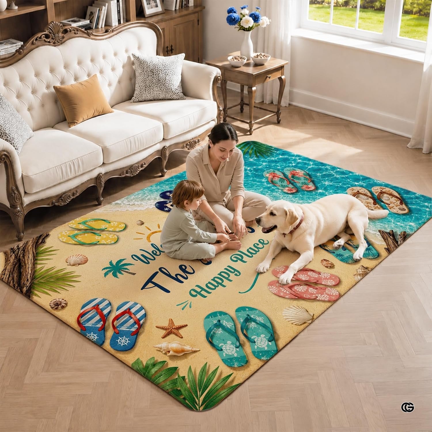 Personalized Tropical Beach Rug, Custom Family Name Tropical Outdoor Rug, Flamingo Surfboard Ocean Area Rug for Living Room, Patio, Beach House Decor, Design 01