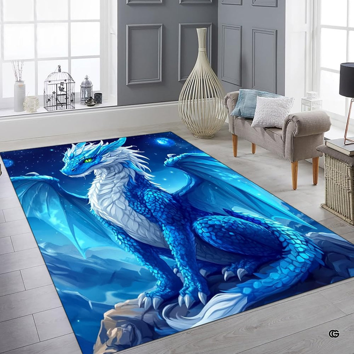 Fantasy ice dragon rug decor accent in an elegant contemporary gaming room setting.