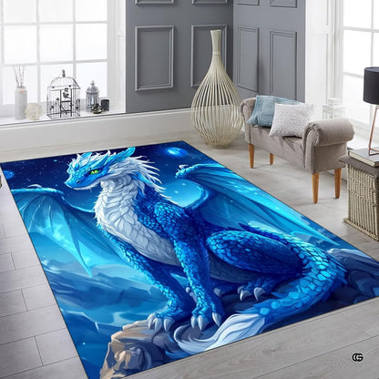 Fantasy ice dragon rug decor accent in an elegant contemporary gaming room setting. - thumbnail image 6 of 8