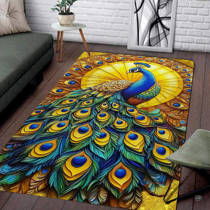 Peacock feather area rug displaying vivid emerald green, royal blue, and turquoise painterly brushstrokes. - thumbnail image 1 of 7