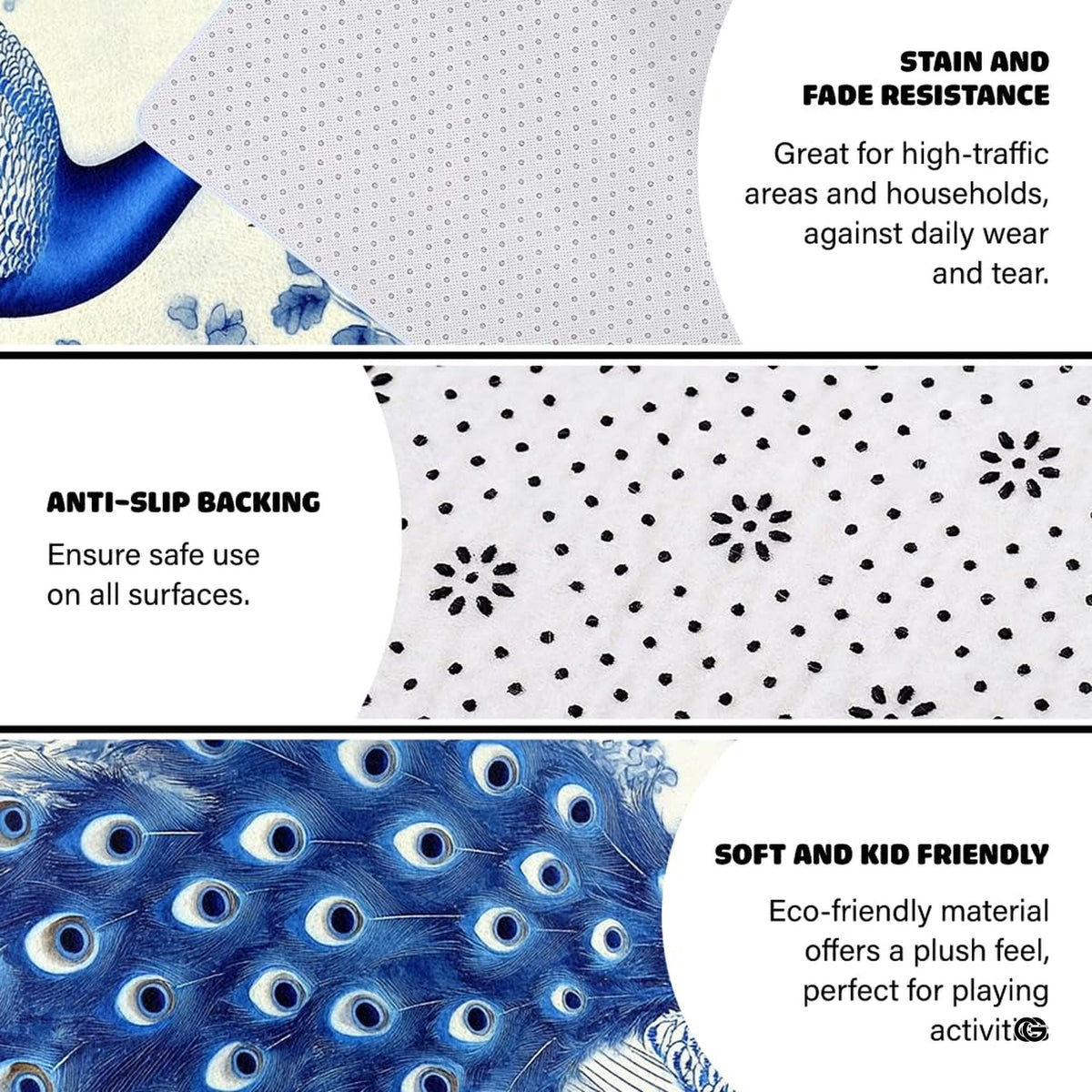 Infographic showing the non-skid dot backing and edge stitching of the peacock rug